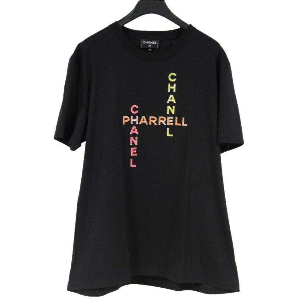 Chanel Pharrell Mens T Shirt XL Black Sequence Coco Logo Cotton Short Sleeve